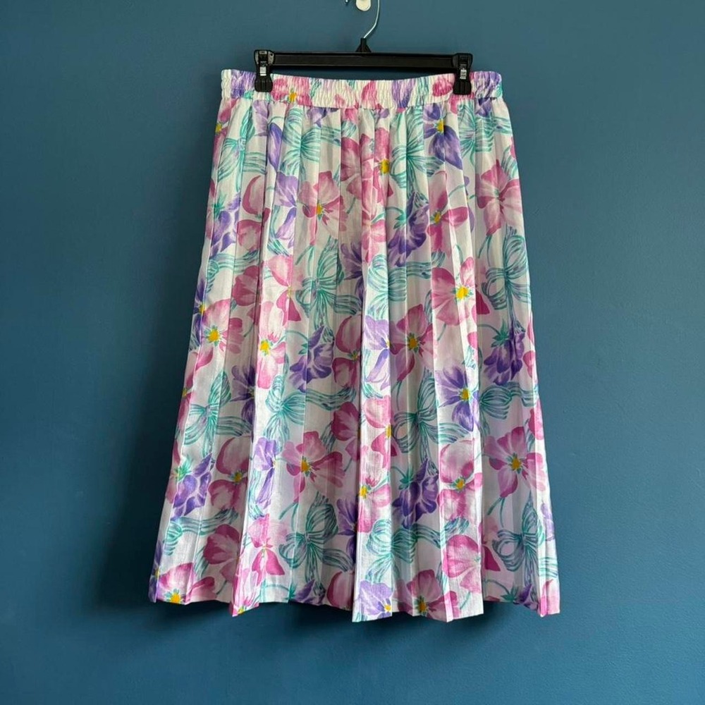 Vintage 80s Pleated Midi Skirt Women's Plus Size 14 Pink Purple Floral Pull On